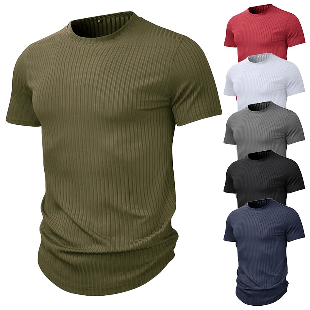 Herren Kurzarm-Shirt Geripptes Strick-T-Shirt T-Shirt Feste Farbe Grubenstreifen Rundhalsausschnitt Casual Training Kurzarm Gerippt Bekleidung Sport Täglich Lightinthebox