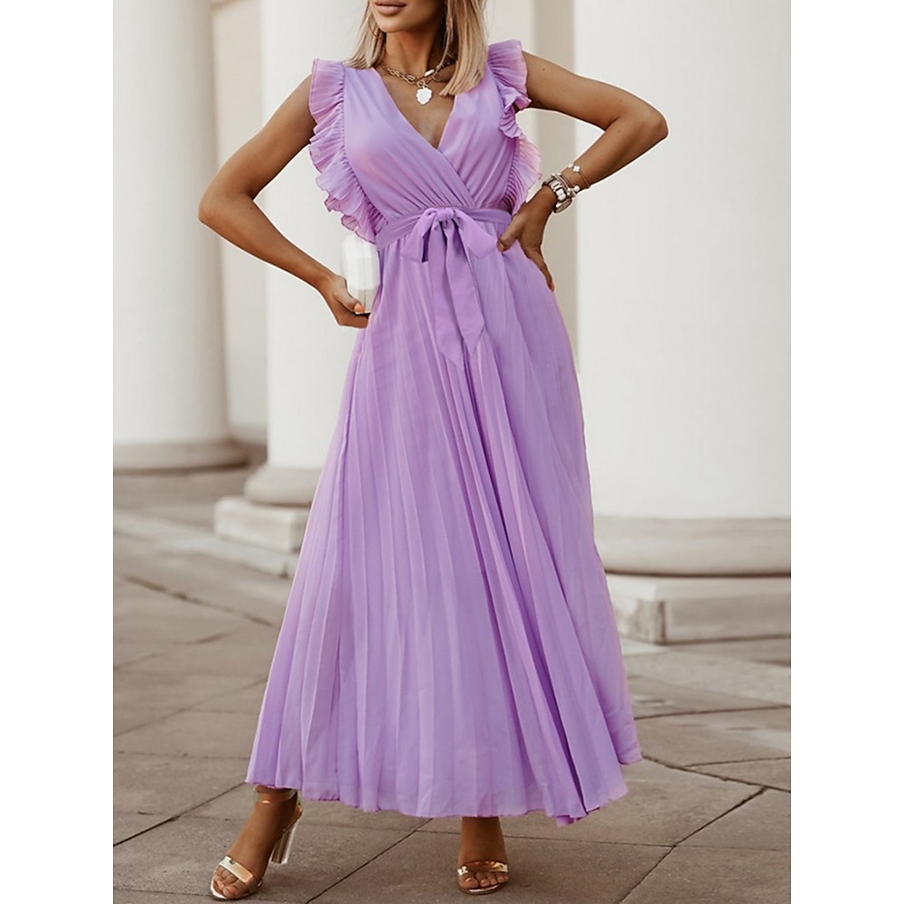 Damen Chiffon-Kleid Stilvoll Basic Brautkleider schlicht Glatt Maxidress Ärmellos V Ausschnitt Rüschen Regular Fit Urlaub Täglich Weiß Purpur Sommer Lightinthebox