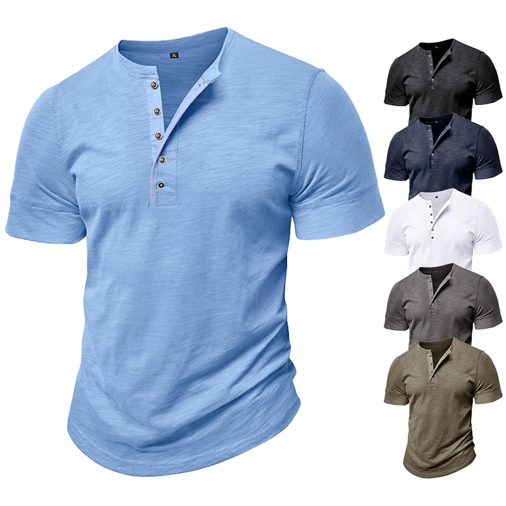 100 % Baumwolle, Henley-Shirt für Herren, kurzärmelig, einfarbig, schlicht, klassischer Stil, Knöpfe, Henley, lässig, täglich, Sommer, Frühling Herbst schwarz weiß hellblau Henley T-Shirt Lightinthebox