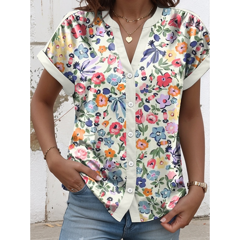 Damen Hemd Bluse Täglich Modern Brautkleider schlicht Blumen Graphic Normale Oberteile Kurzarm V Ausschnitt Gekerbter Hals Knopf Bedruckt Regular Fit Arbeit Täglich Weiß Sommer Frühling Lightinthebox