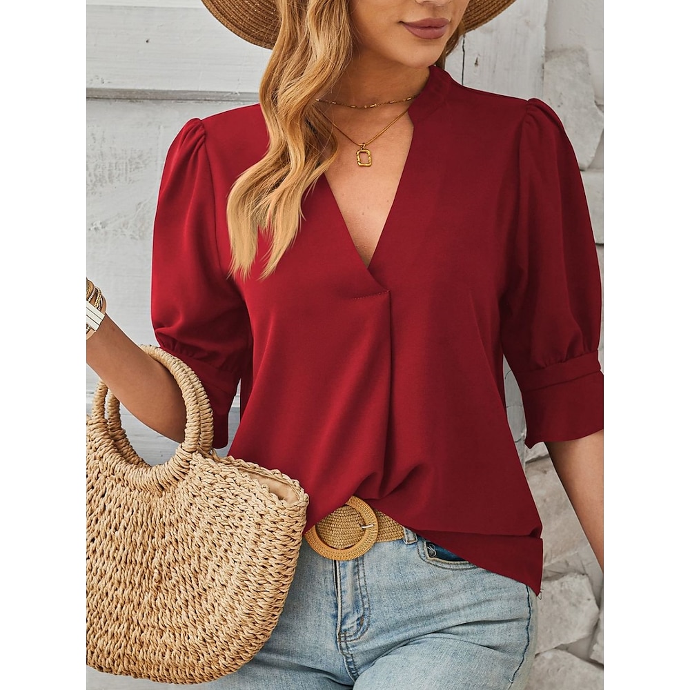 Damen Hemd Bluse Stilvoll Brautkleider schlicht Feste Farbe Normale Oberteile 3/4 Ärmel V Ausschnitt Rüsche Regular Fit Täglich Wein Himmelblau Sommer Frühling Lightinthebox