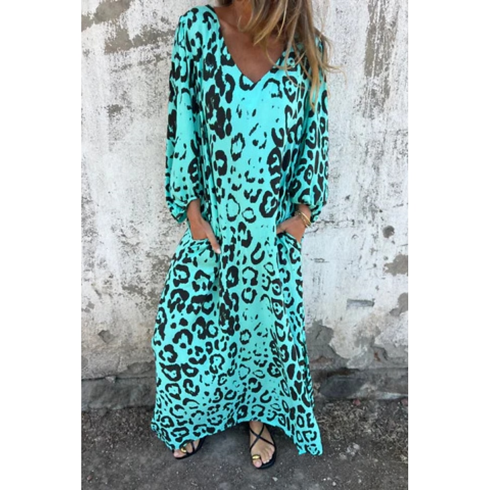 Damen Casual kleid Boho Chic Kleider Böhmen Brautkleider schlicht Boho Leopard Maxidress 3/4 Ärmel V Ausschnitt Tasche Bedruckt Lockere Passform Urlaub Täglich Strand Blau Grün Sommer Frühling Lightinthebox