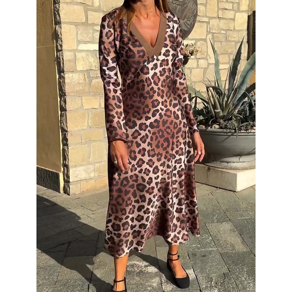 Damen Casual kleid A Linie Kleid Stilvoll Brautkleider schlicht Leopard Maxidress Langarm V Ausschnitt Patchwork Formschluss Urlaub Täglich Verabredung Leopard Sommer Frühling Herbst Lightinthebox