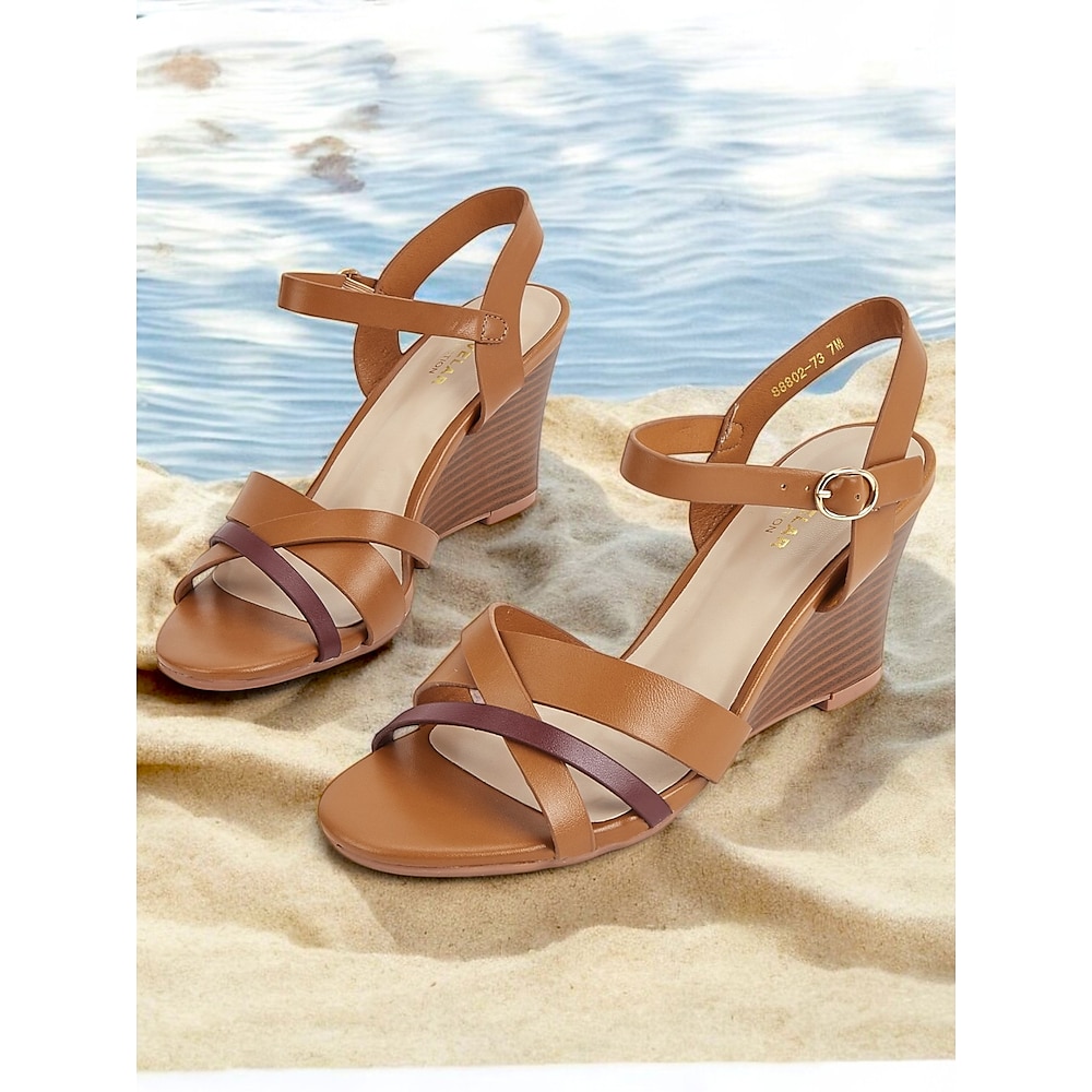 Damen Sandalen Boho Outdoor Täglich Schnalle Keilabsatz Runde Zehe Böhmen Urlaub PU Schnalle Mandelfarben Braun Dunkelblau Lightinthebox