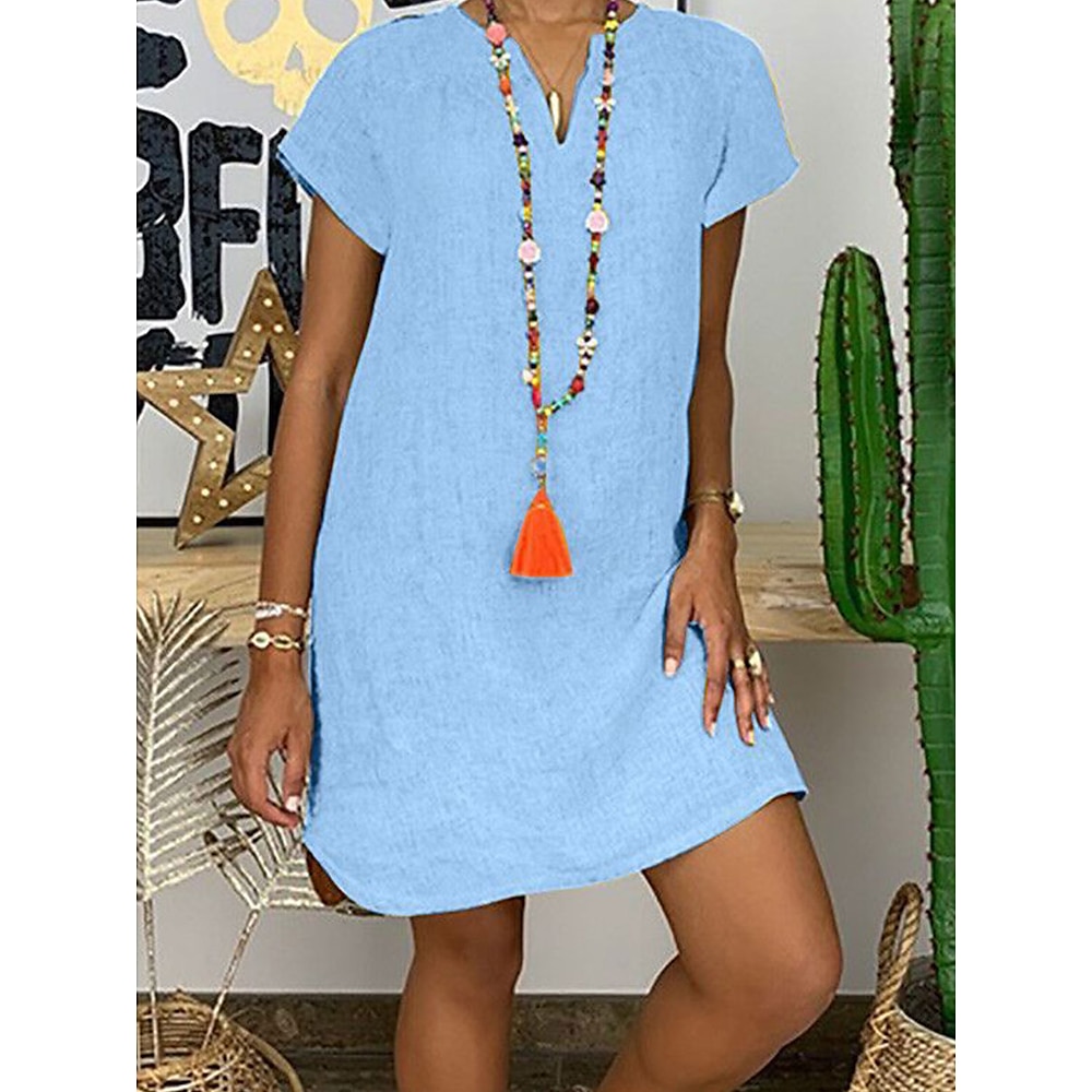 Damen Minikleid Casual kleid Baumwoll-Leinenkleid A Linie Kleid Elegant Stilvoll Basic Urlaub Arbeit Täglich Regular Fit Glatt Kurzarm V Ausschnitt Weiß Gelb Blau Grün Sommer Frühling Lightinthebox