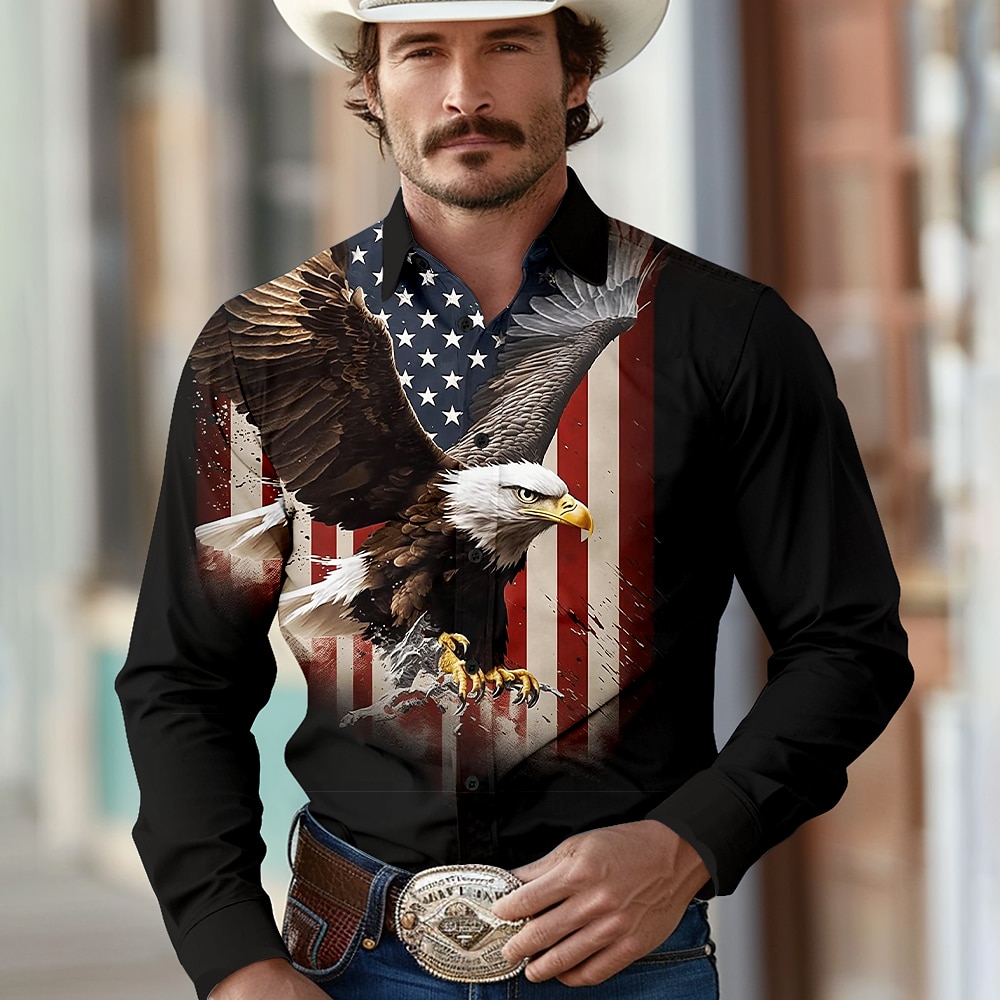 Herren Adler Amerikanische Flagge Westernhemd Cowboy-Shirt Langarm Western Sports Outdoor Frühling Herbst Umlegekragen Knopf hoch Schwarz Lightinthebox