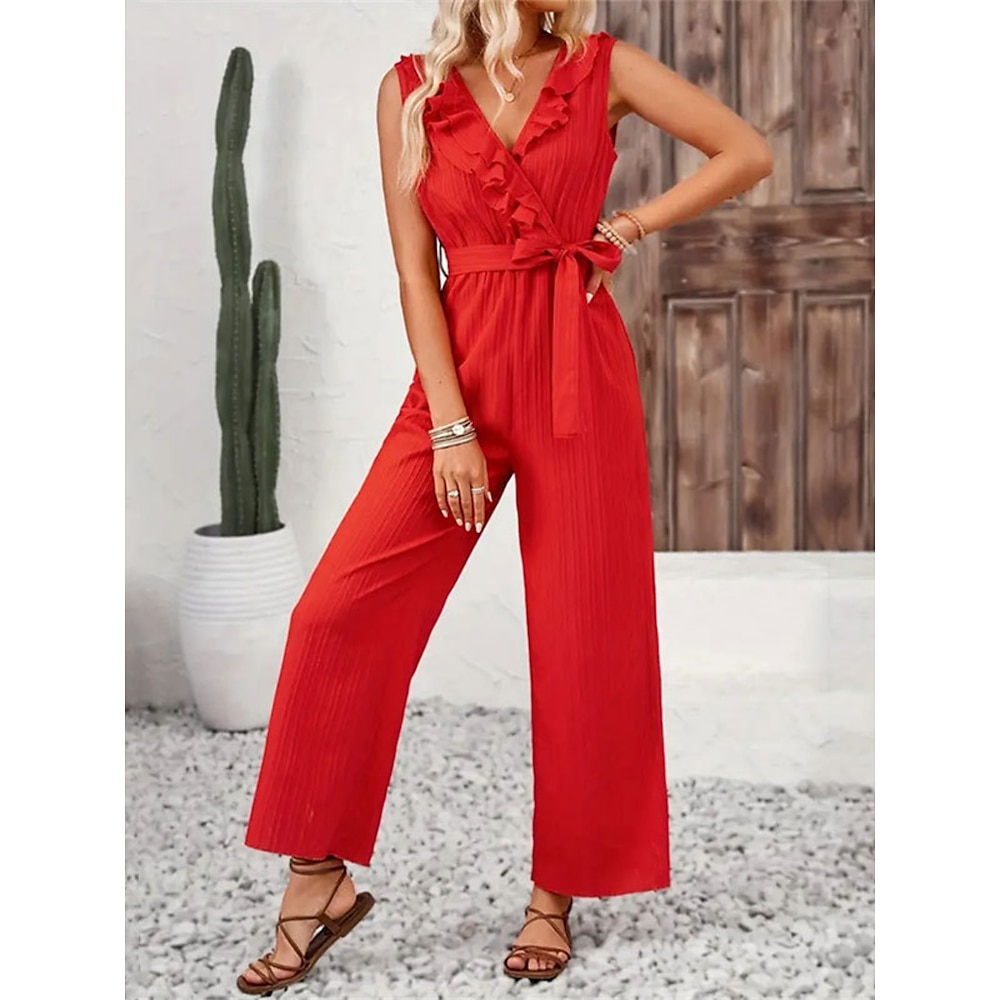 Damen Normal Jumpsuit Aktiv Feste Farbe Ärmellos V Ausschnitt mit Schnürung Rüsche Urlaub Täglich Regular Fit Rote Sommer Lightinthebox