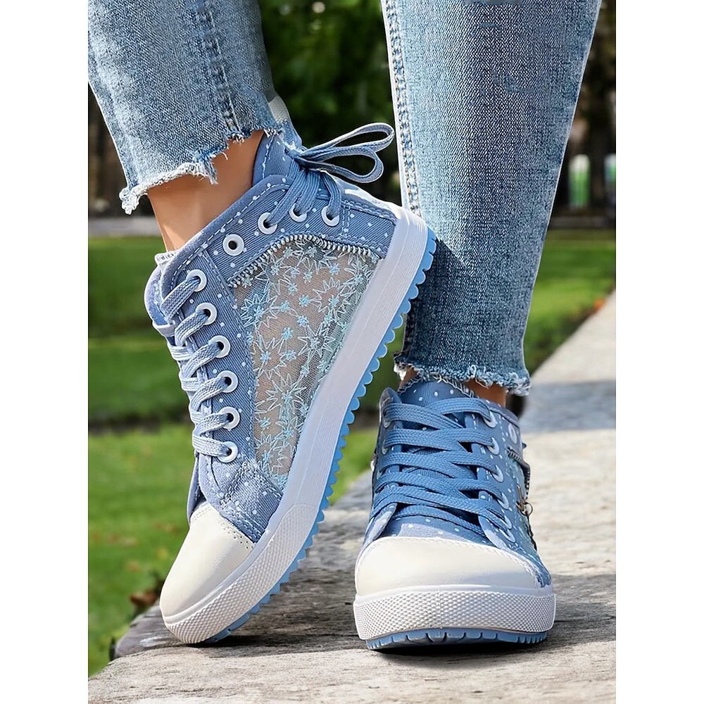 blaue High-Top-Sneaker aus Canvas zum Schnüren für Damen mit bestickten Mesh-Einsätzen und Tupfendesign für die Freizeit und den Outdoor-Bereich Lightinthebox