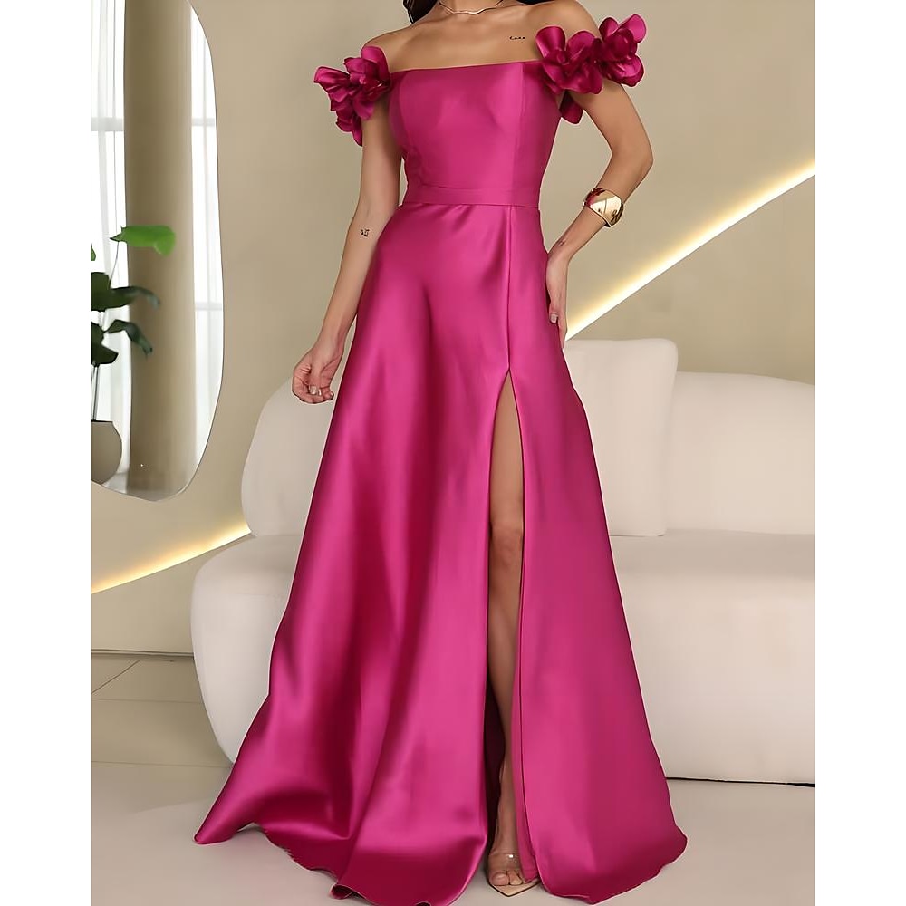 A-Linie Abendkleid Promi-Stil Kleid Karneval Hochzeit Empfang Bodenlang Blumenmuster schulterfrei Satin mit Schlitz 2025 Lightinthebox