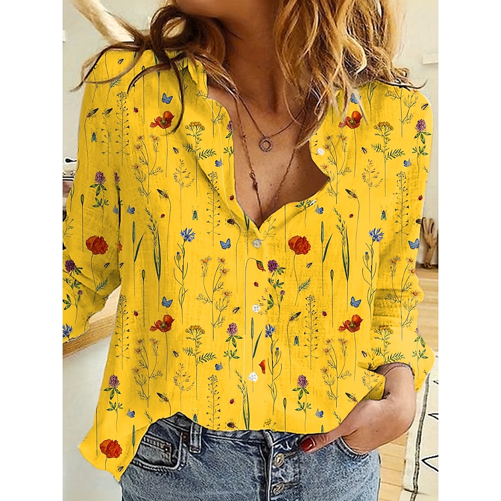 Damen Hemd Bluse Täglich Stilvoll Blumen Lange Oberteile Langarm Hemdkragen Knopf Bedruckt Lockere Passform Täglich Gelb Sommer Frühling Lightinthebox