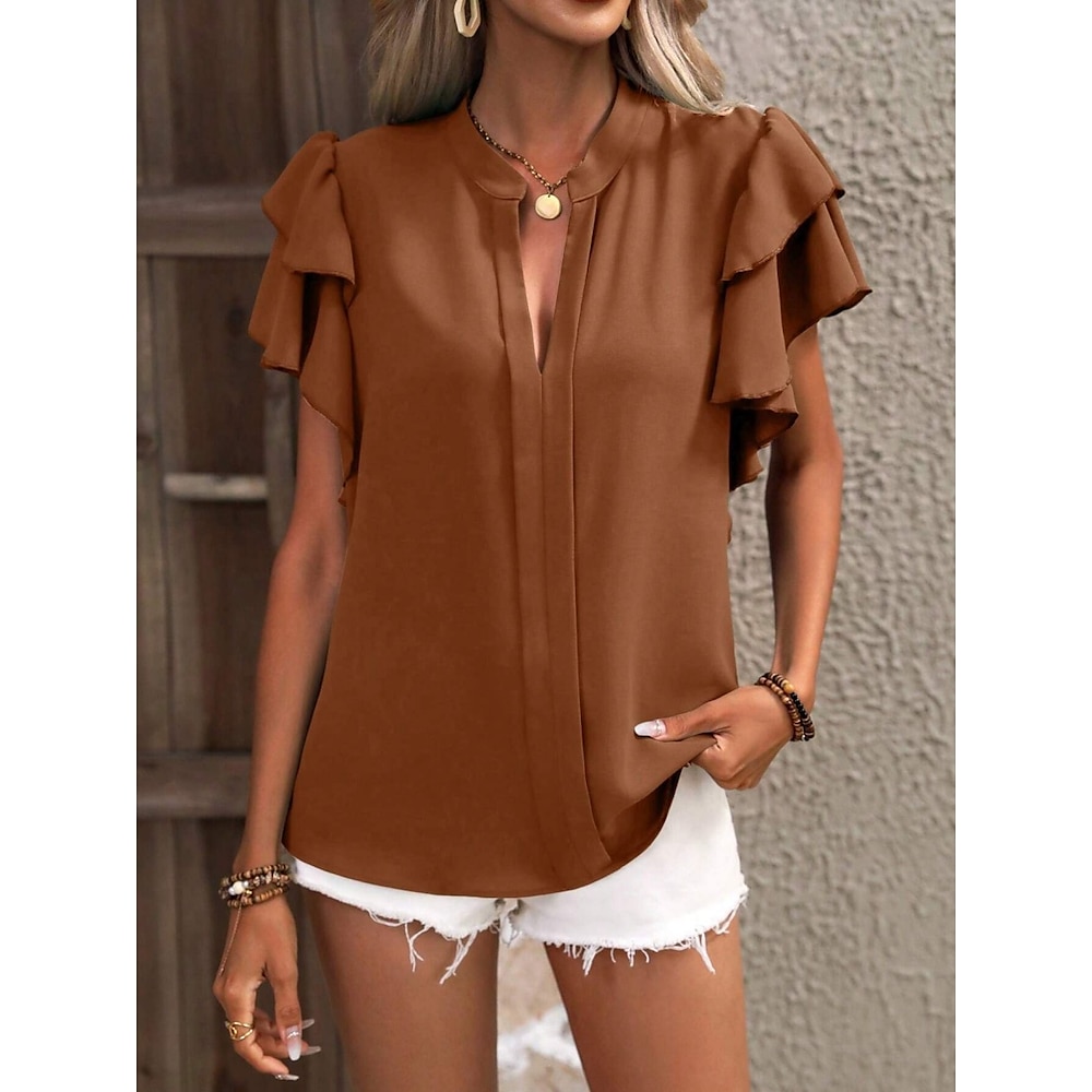 Damen Hemd Bluse Elegant Stilvoll Brautkleider schlicht Feste Farbe Normale Oberteile Kurzarm Gekerbter Hals Rüsche Regular Fit Täglich Braun Grün Sommer Frühling Lightinthebox