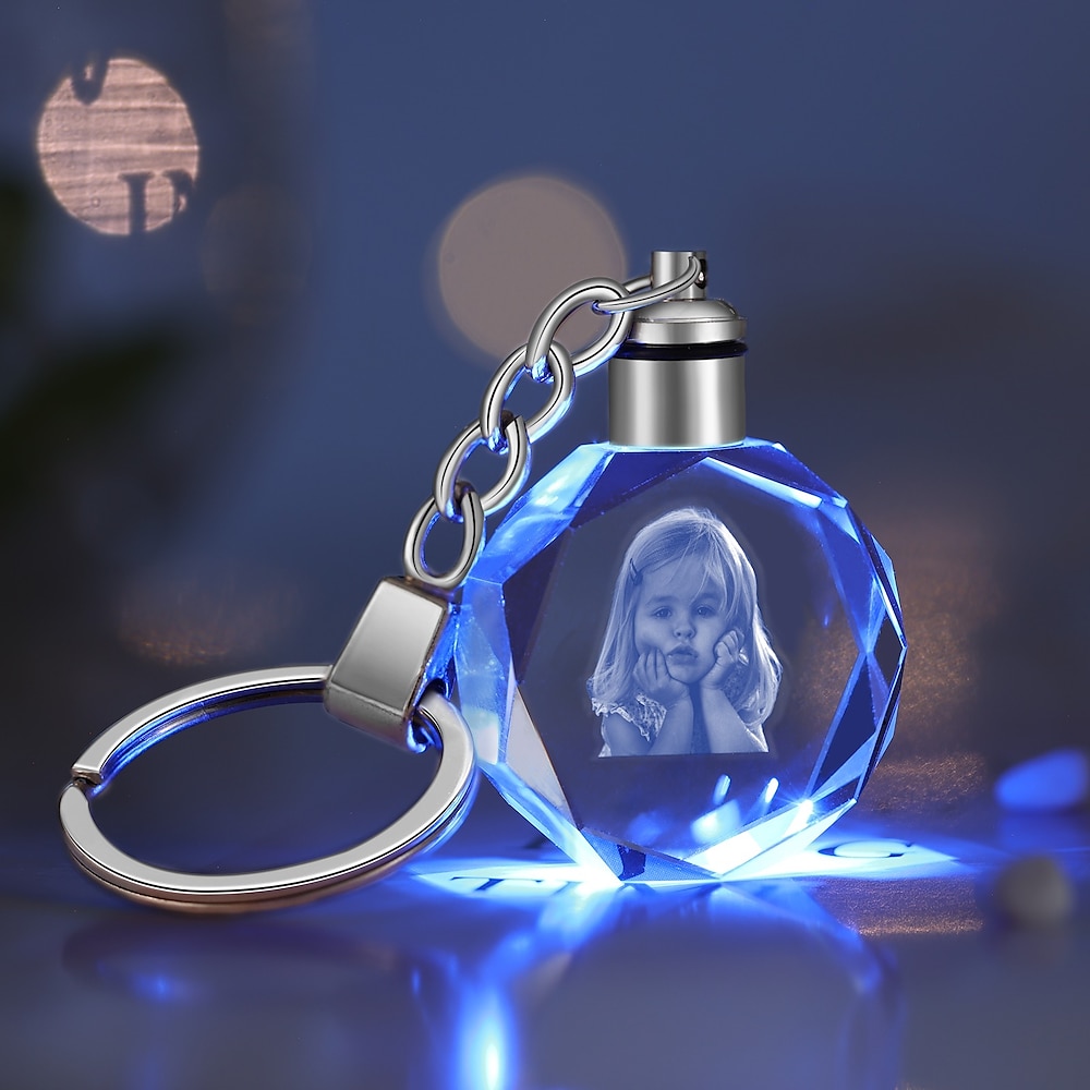 personalisierter 3D-Foto-Schlüsselanhänger aus Kristall mit rotem und blauem LED-Licht - individuell gravierter, lasergravierter Schlüsselanhänger aus Kristall, perfektes Hochzeits-, Gedenk- oder Lightinthebox