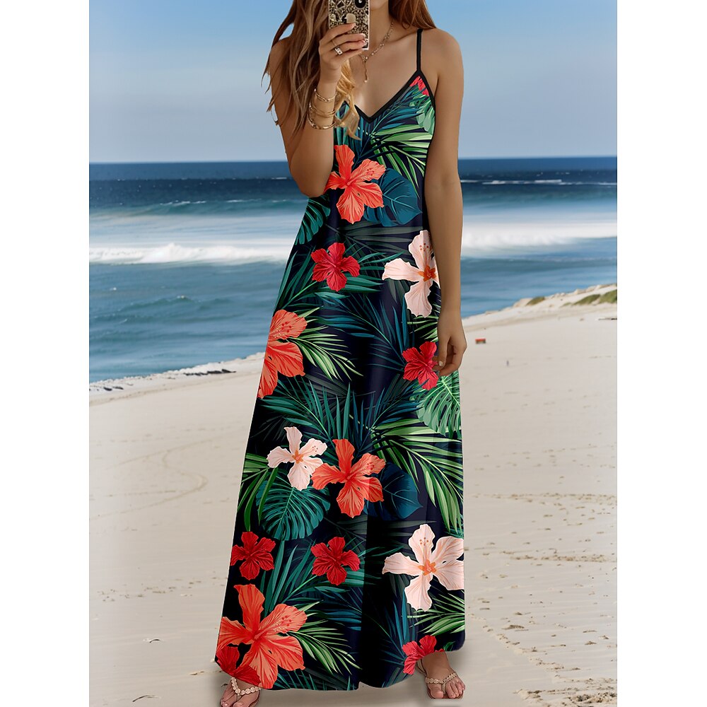 Damen Casual kleid A Linie Kleid skims dress Brautkleider schlicht Blumen Maxidress Ärmellos V Ausschnitt Rückenfrei Bedruckt Regular Fit Täglich Strand Smaragdgrün Sommer Frühling Lightinthebox