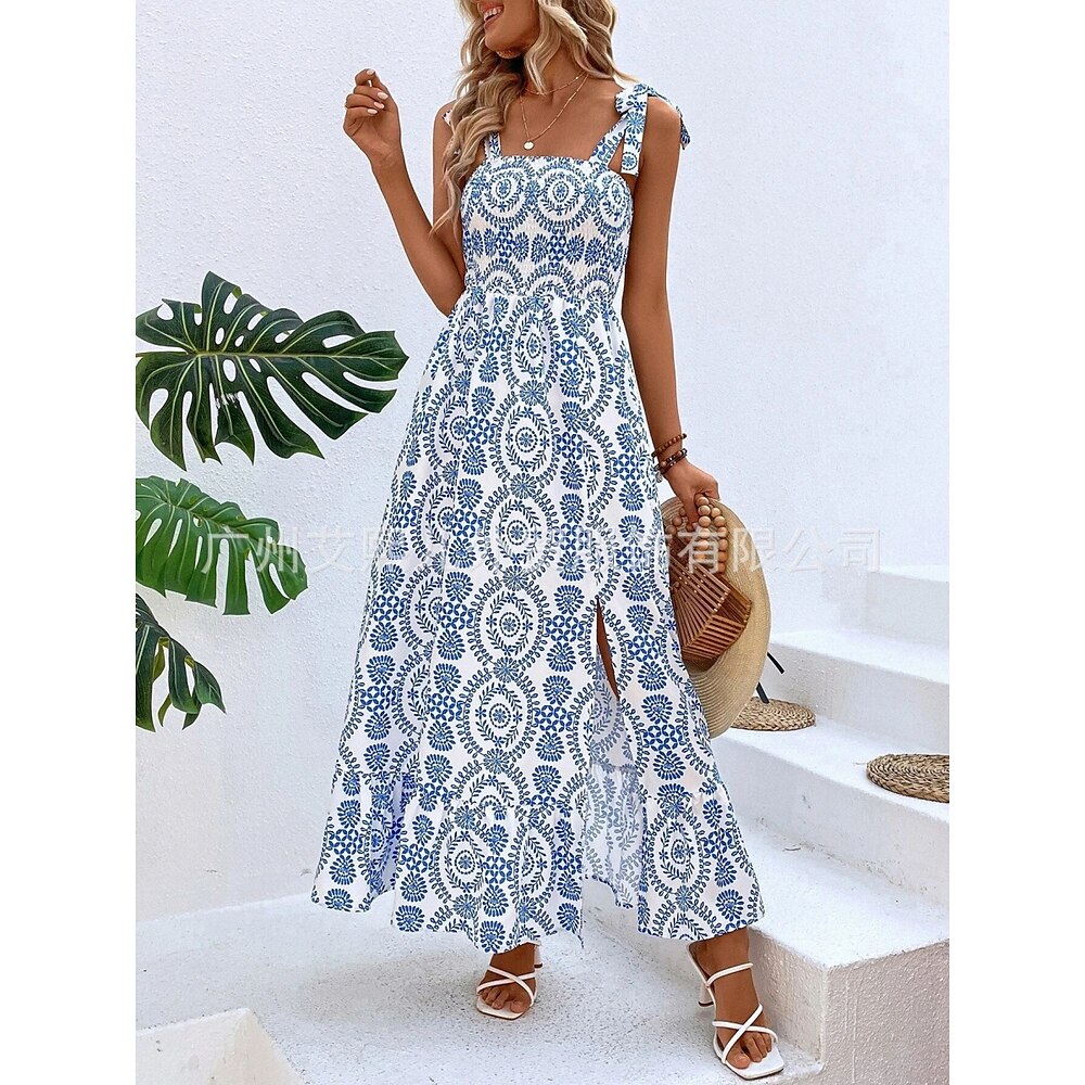 Damen Casual kleid Boho Chic Kleider skims dress Böhmen Kuschelig Brautkleider schlicht Blumen Maxidress Ärmellos Gurt Rückenfrei Bedruckt Gespaltener Oberschenkel Lockere Passform Urlaub Täglich Lightinthebox