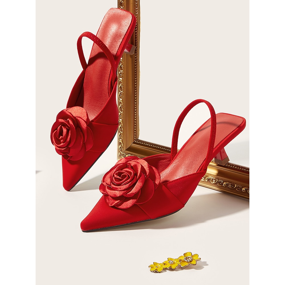 rote Satin-Slingback-Pumps mit spitzer Spitze und Rosendekor für Damen - ideal für Hochzeiten und Sommer-Events Lightinthebox