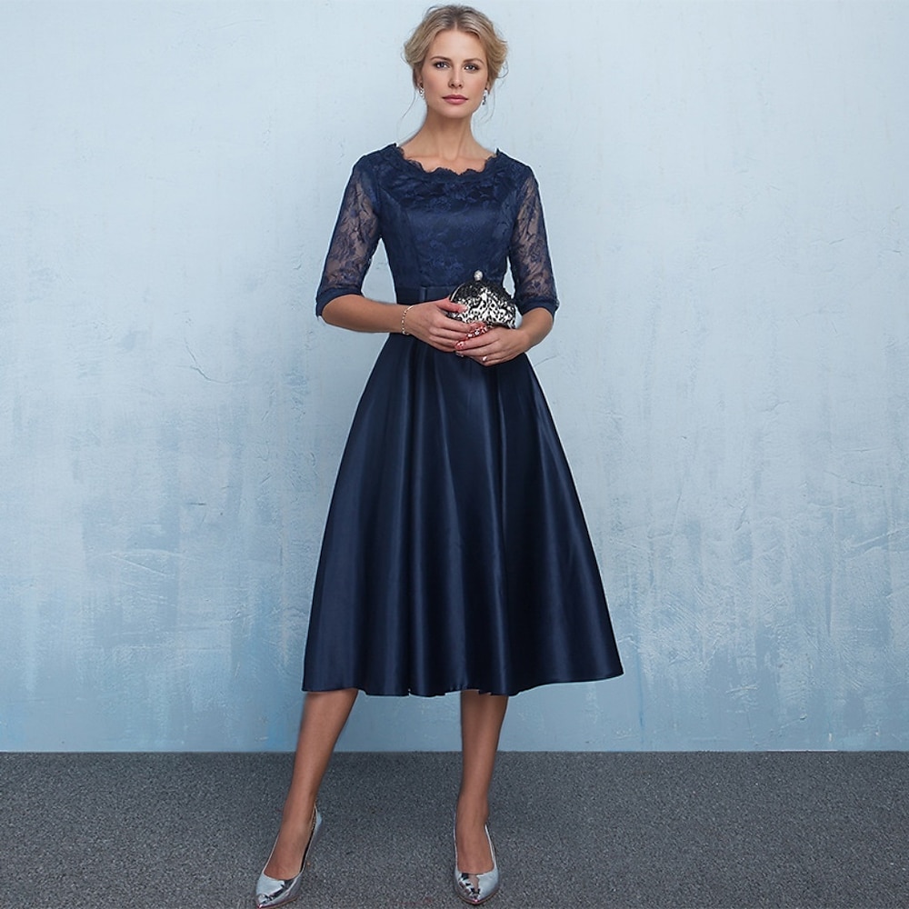 A-Linie Kleid Brautmutterkleid Elegant Einfach Schmuck Knöchellänge Tee-Länge Satin Halbe Ärmel mit Spitze Schleife(n) Blume 2024 Lightinthebox