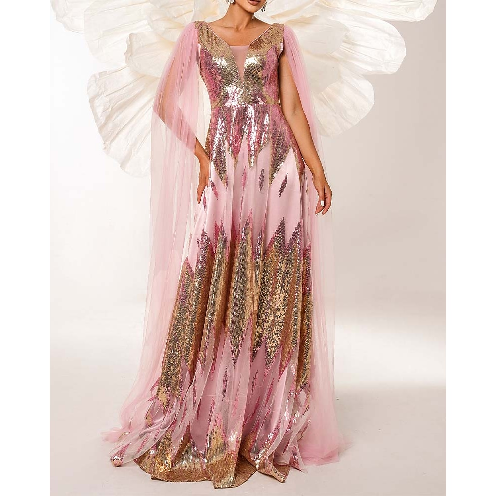 A-Linie Abendkleid elegantes Glitzerkleid Karneval formell bodenlang tiefer Ausschnitt Chiffonärmel mit Glitzer 2025 Lightinthebox