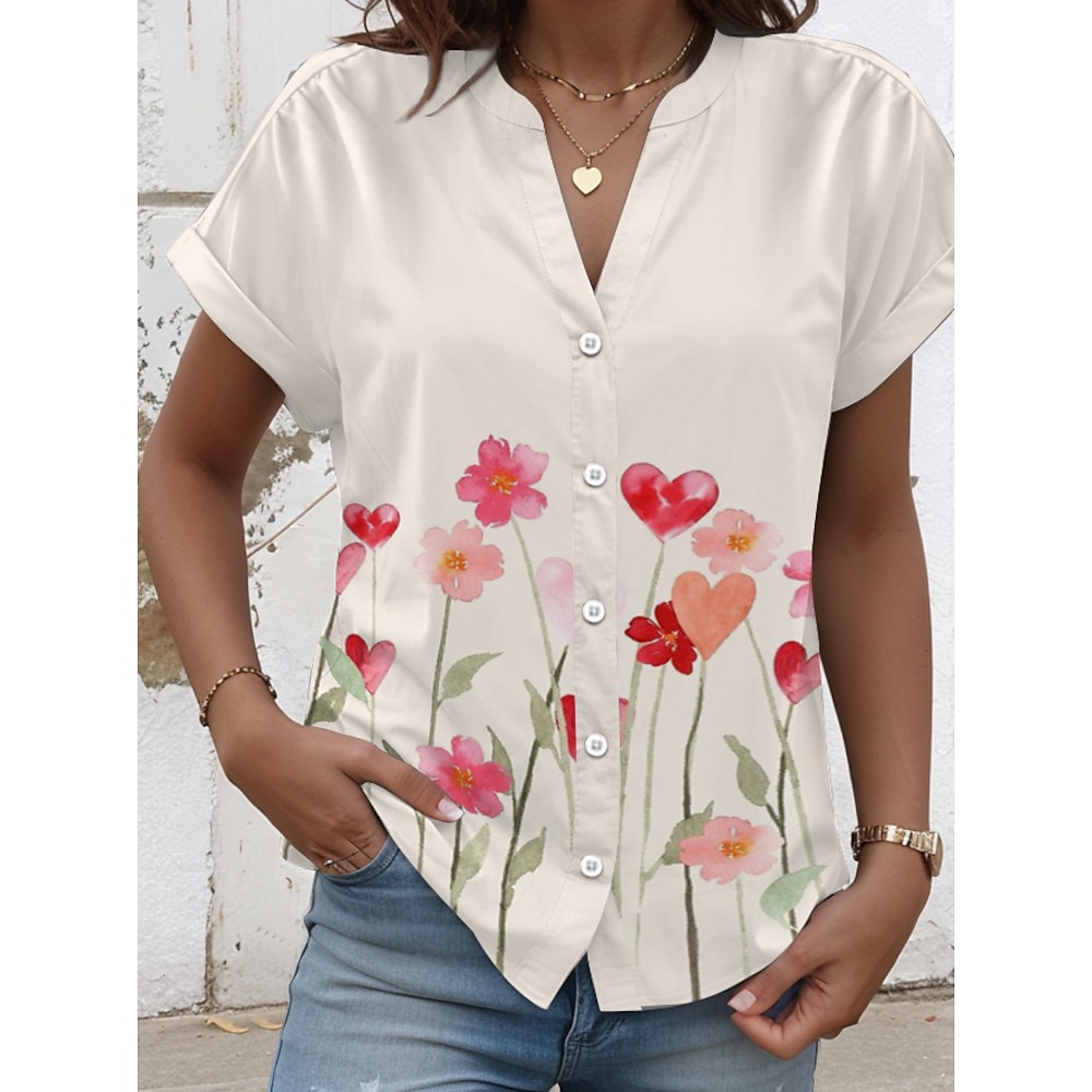 Damen Hemd Bluse Modern Brautkleider schlicht Herz Blumen Graphic Normale Oberteile Kurzarm Gekerbter Hals Knopf Bedruckt Regular Fit Arbeit Täglich Beige Sommer Frühling Lightinthebox