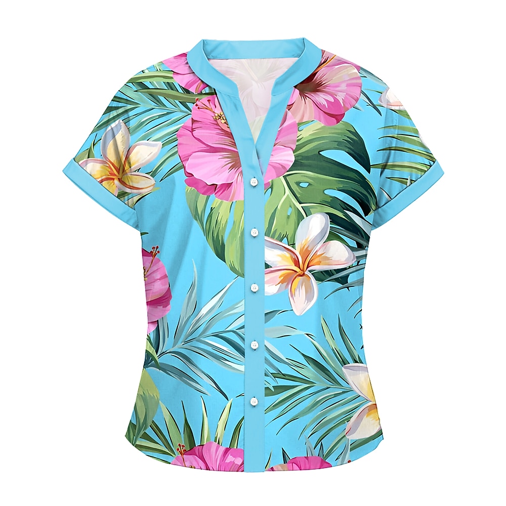 Damen Hawaiian Hemden Bluse Strand Floral Blatt Regelmäßige Tops Kurzarm Hemd Kragen Knöpfe Druck Form Fit Täglich Blau Sommer Urlaub Bekleidung Strandbekleidung Lightinthebox