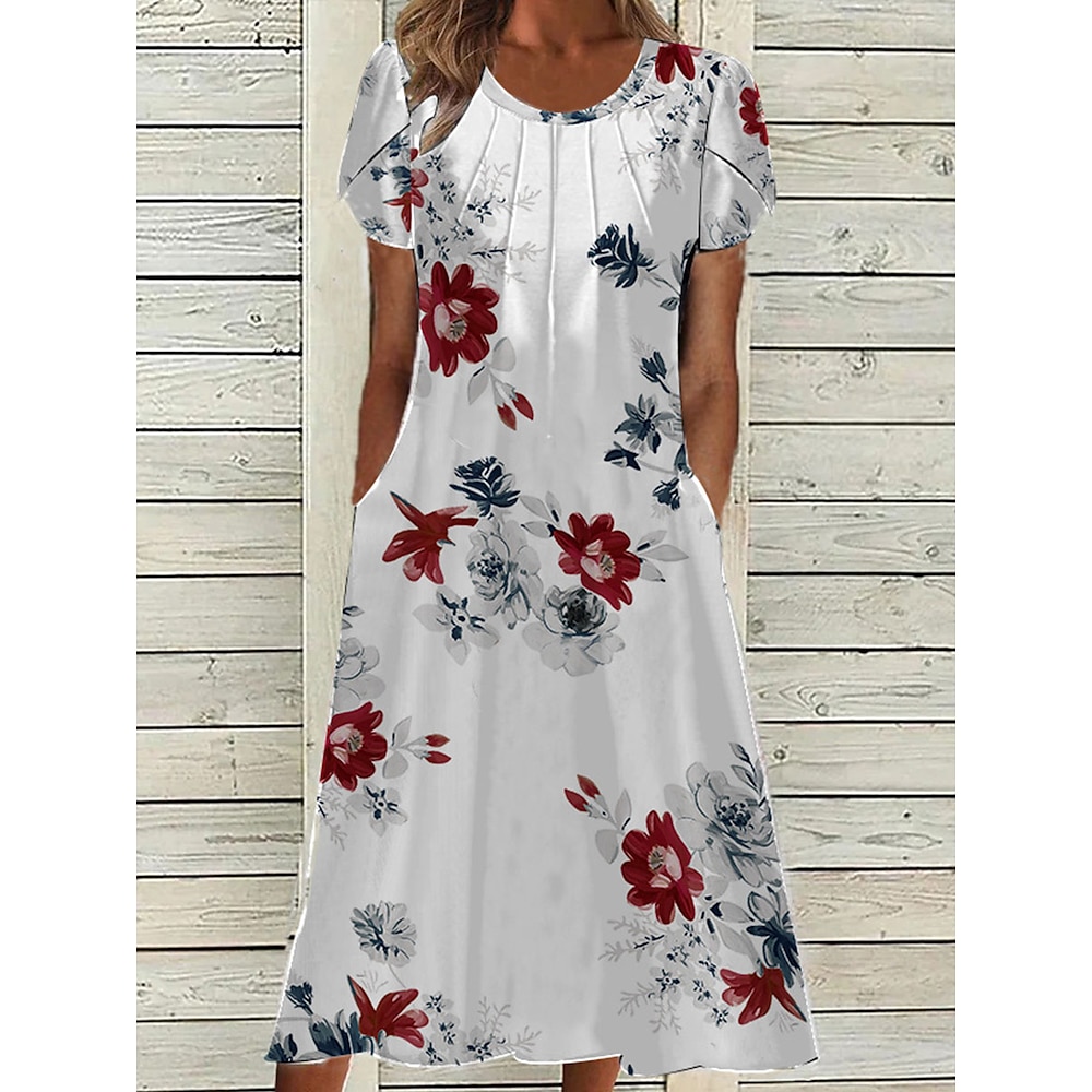 Damen Casual kleid A Linie Kleid Elegant Vintage Stilvoll Blumen Midikleid Kurzarm Laternenärmel Rundhalsausschnitt Tasche Bedruckt Regular Fit Urlaub Täglich Weiß Hellgrün Dunkelblau Grau Sommer Lightinthebox