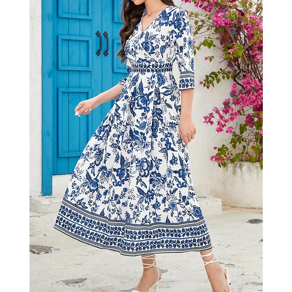 Damen A Linie Kleid Sommerkleid Boho-Kleid Elegant Stilvoll Ethnisch Blumen Midikleid 3/4 Ärmel V Ausschnitt Regular Fit Urlaub Täglich Verabredung Blau Sommer Lightinthebox