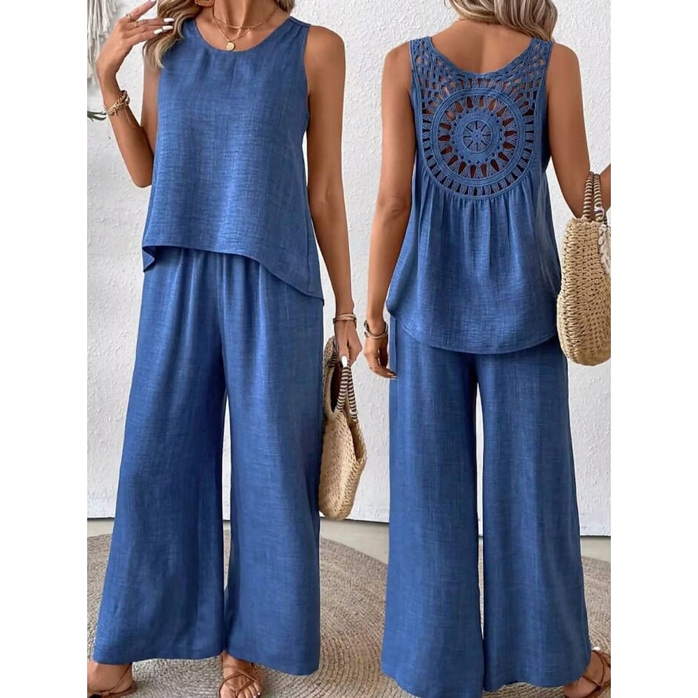 Damen Modisch Strassenmode Täglich Hemd Hose mit weitem Bein Ärmellos Rundhalsausschnitt Glatt Casual Täglich Weiß Blau Sommer Regular Fit Lightinthebox