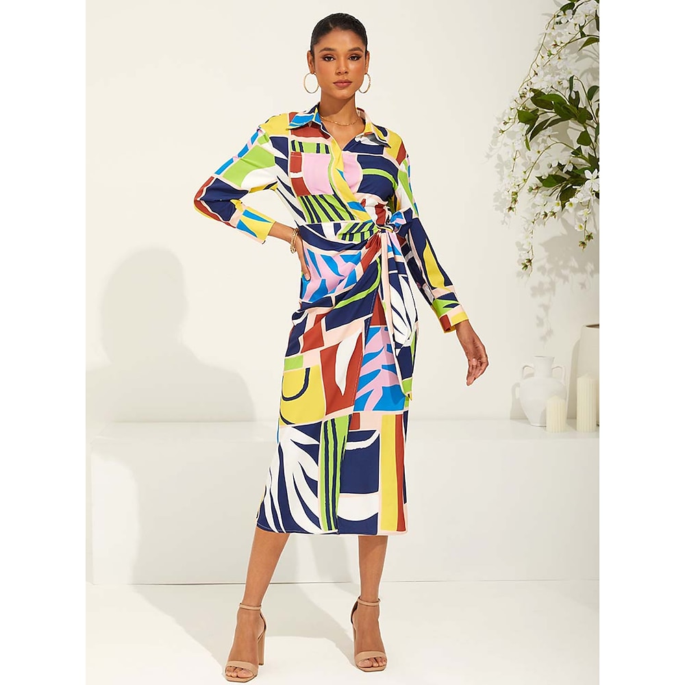 Damen Normal Vintage-Kleid Stilvoll Brautkleider schlicht Graphic Midikleid Langarm Bischof V Ausschnitt Angeschnallt Regular Fit seidigDressesTäglich Colourful Frühling Herbst Lightinthebox