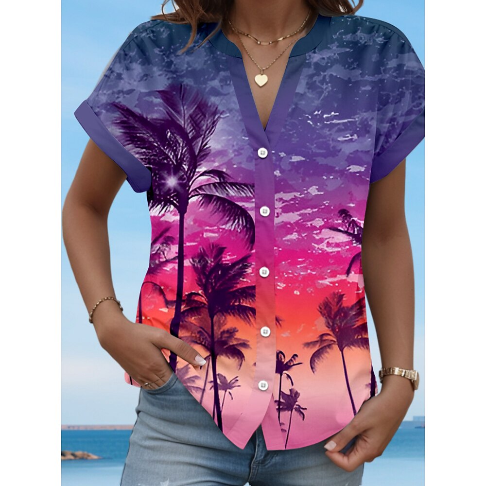 Damen Bluse Stilvoll Strand Design Blumen Graphic Normale Oberteile Kurzarm Hemdkragen Knopf Bedruckt Formschluss Täglich Rosa Frühling Herbst Lightinthebox