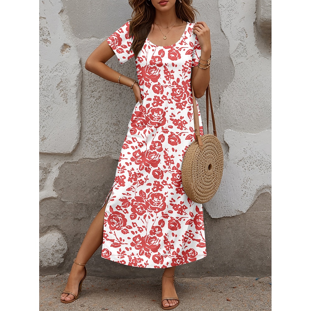 Damen Casual kleid A Linie Kleid Stilvoll Brautkleider schlicht Blumen Maxidress Kurzarm Rundhalsausschnitt Bedruckt Regular Fit Urlaub Täglich Rote Frühling Herbst Lightinthebox