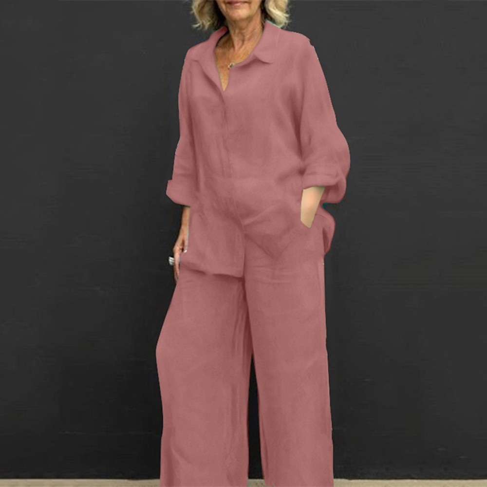 Damen Modisch Strassenmode Hemd Hose mit weitem Bein Leinenhose Hosen Hose Langarm Hemdkragen Feste Farbe Kordelzug Freizeitskleidung Verabredung Gelb Rosa Rote Frühling Regular Fit Lightinthebox