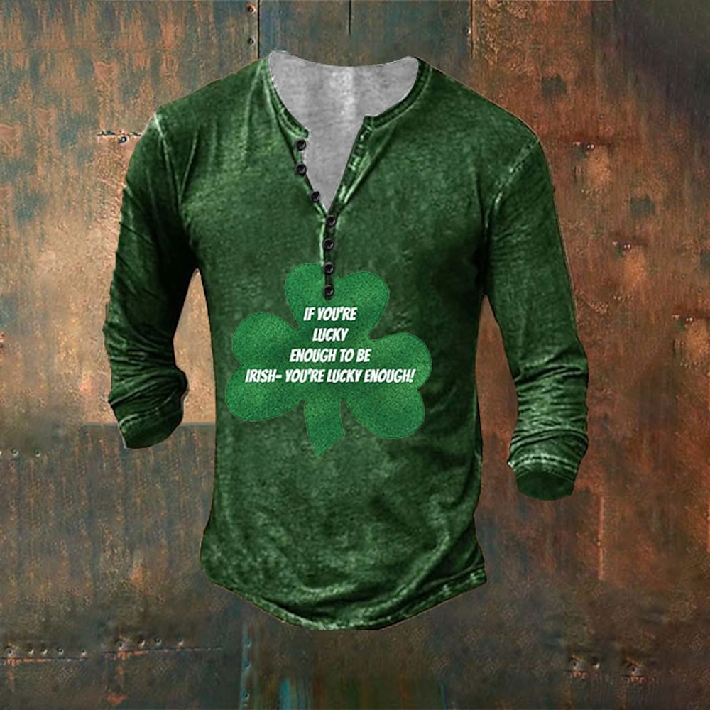 Herren St. Patrick Graphic Vierblättriges Kleeblatt T Shirt Henley Shirt Tee Langarm Vintage Designer Stilvoll Outdoor Täglich Sport Frühling Sommer Grau Schwarz Braun Grün Blau Henley Henley T-Shirt Lightinthebox