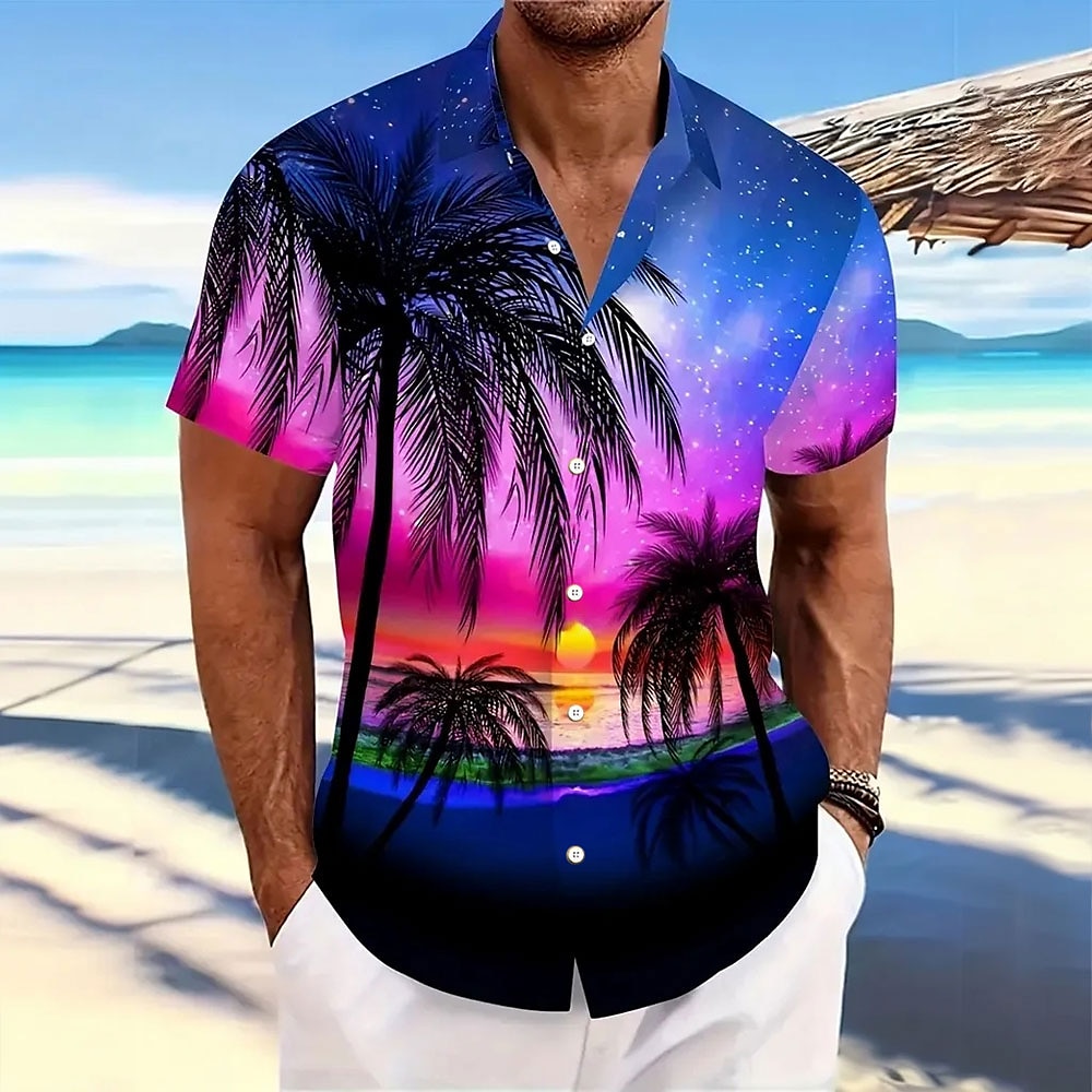 Herren Kokosnussbaum Sternenklarer Himmel Hawaiihemd Sommerhemd Knopfhemd Aloha-Shirt Kurzarm Hawaiianisch Resort Urlaub Festtage Strandbekleidung Sommer Frühling Umlegekragen Hemden mit Kragen Lightinthebox