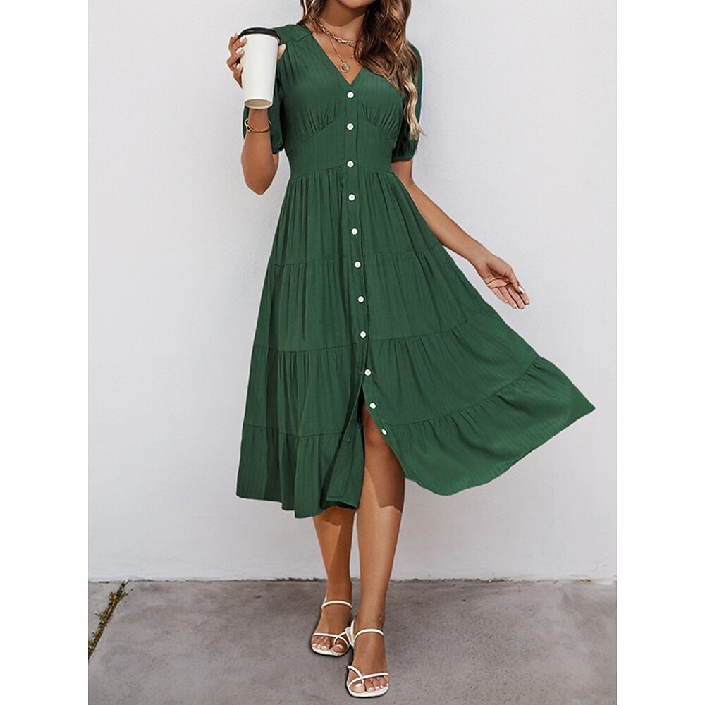 Damen Casual kleid Schaukelkleid A Linie Kleid Basic Brautkleider schlicht Glatt Midikleid Kurzarm V Ausschnitt Rüsche Knopf Regular Fit Urlaub Täglich Grün Sommer Lightinthebox