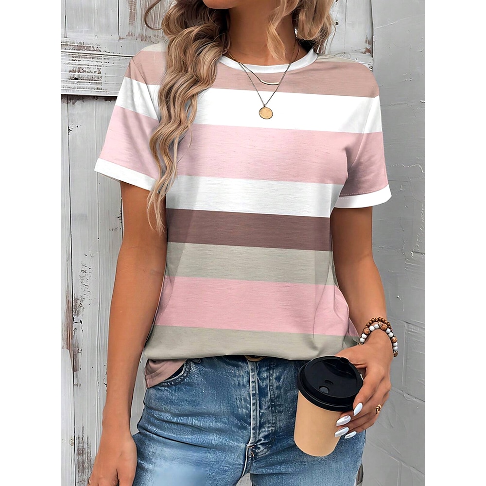 Damen T Shirt Brautkleider schlicht Gestreift Normale Oberteile Kurzarm Rundhalsausschnitt Bedruckt Regular Fit Täglich Pudriges Rosa Sommer Lightinthebox