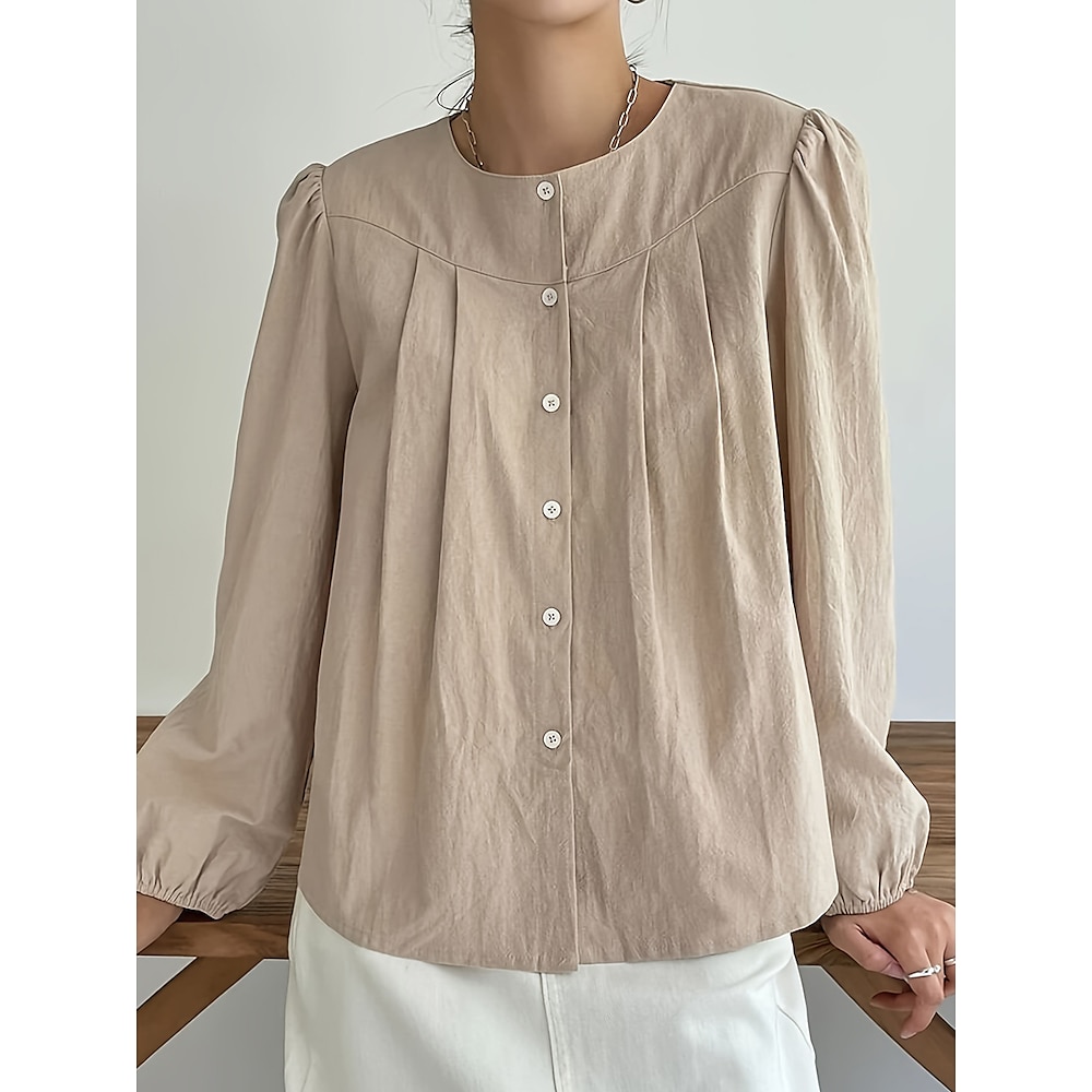 Damen Hemd Bluse Stilvoll Brautkleider schlicht Glatt Normale Oberteile Langarm Rundhalsausschnitt Knopf Regular Fit Täglich Khaki Sommer Frühling Herbst Lightinthebox