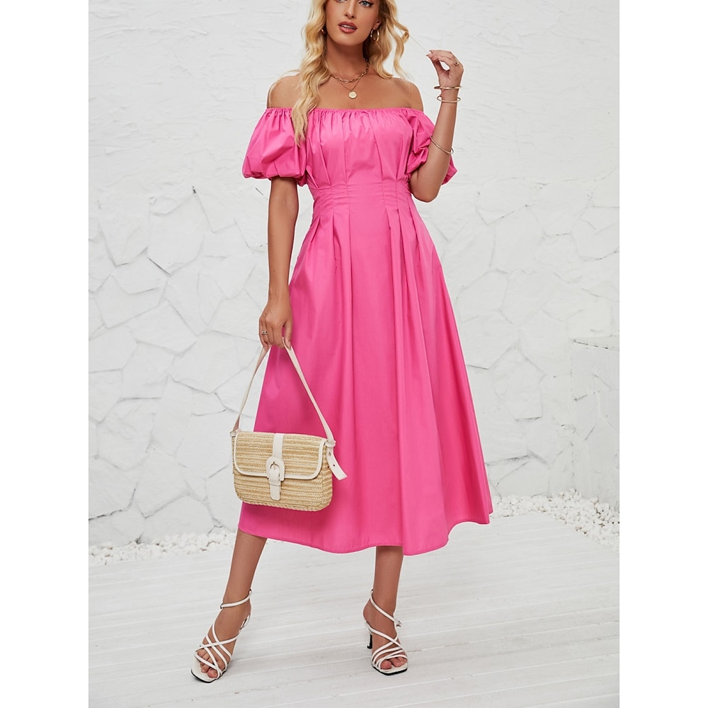 Damen Casual kleid Schaukelkleid A Linie Kleid Elegant Stilvoll Brautkleider schlicht Glatt Midikleid Kurzarm Schulterfrei Rüsche Rückenfrei Regular Fit Urlaub Täglich Rosa Orange Sommer Frühling Lightinthebox