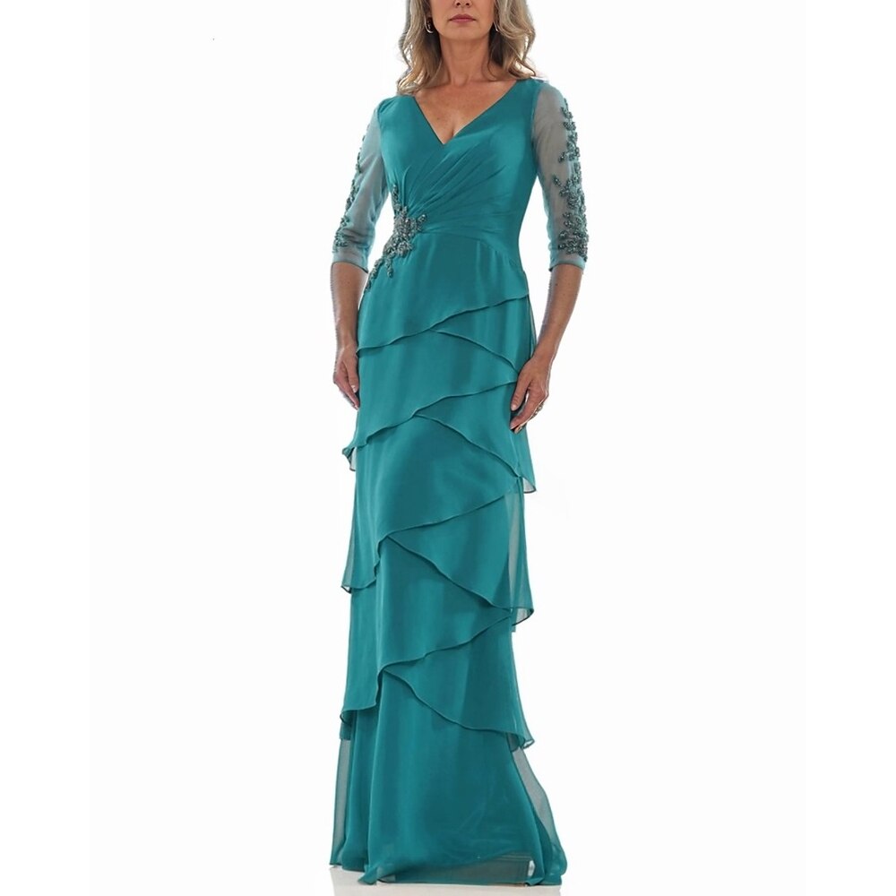 A-Linie Kleid Brautmutterkleid Elegant V Ausschnitt Boden-Länge Chiffon 3/4 Ärmel mit Mehrlagiger Rock Kaskaden Rüschen Einheitliche Farbe 2025 Lightinthebox