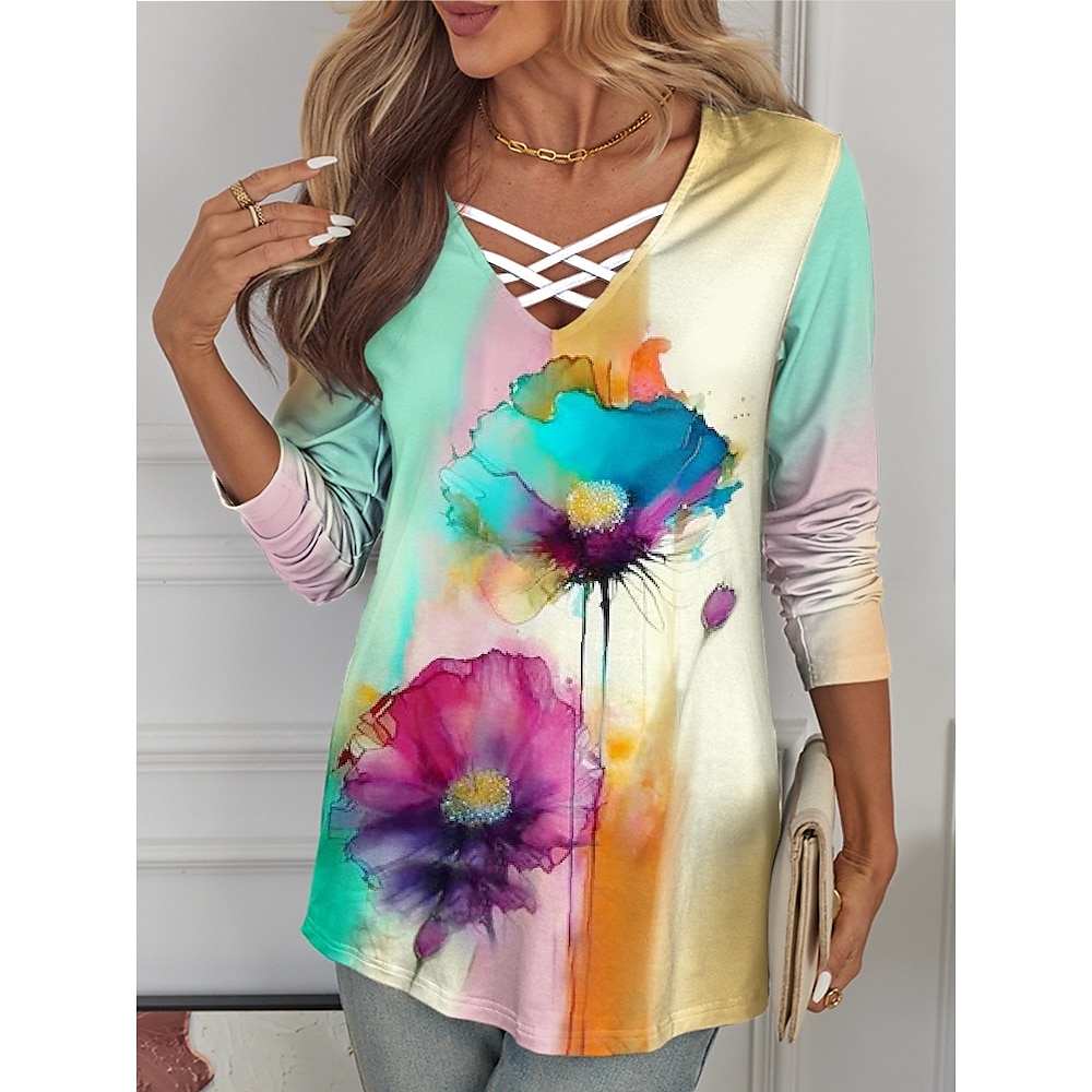 Damen T Shirt Brautkleider schlicht Blumen Lange Oberteile Langarm V Ausschnitt Bedruckt Regular Fit Täglich Wochenende Gelb Frühling Lightinthebox