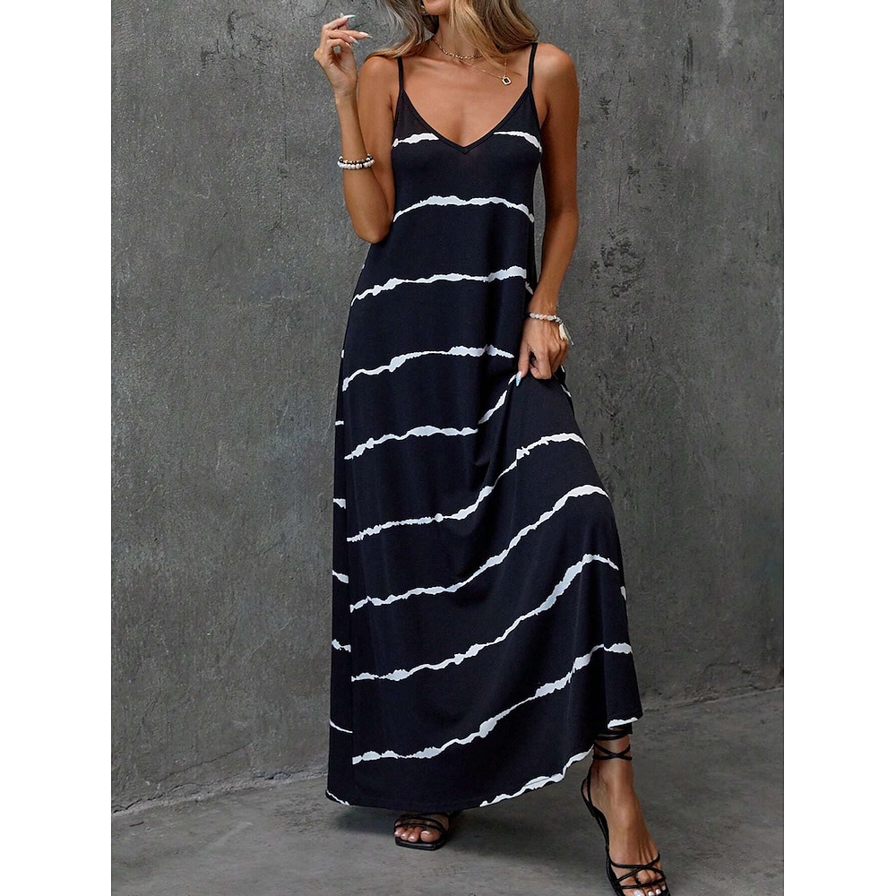 Damen Casual kleid A Linie Kleid skims dress Brautkleider schlicht Streifen Maxidress Ärmellos V Ausschnitt Rückenfrei Bedruckt Regular Fit Täglich Schwarz Sommer Frühling Herbst Lightinthebox