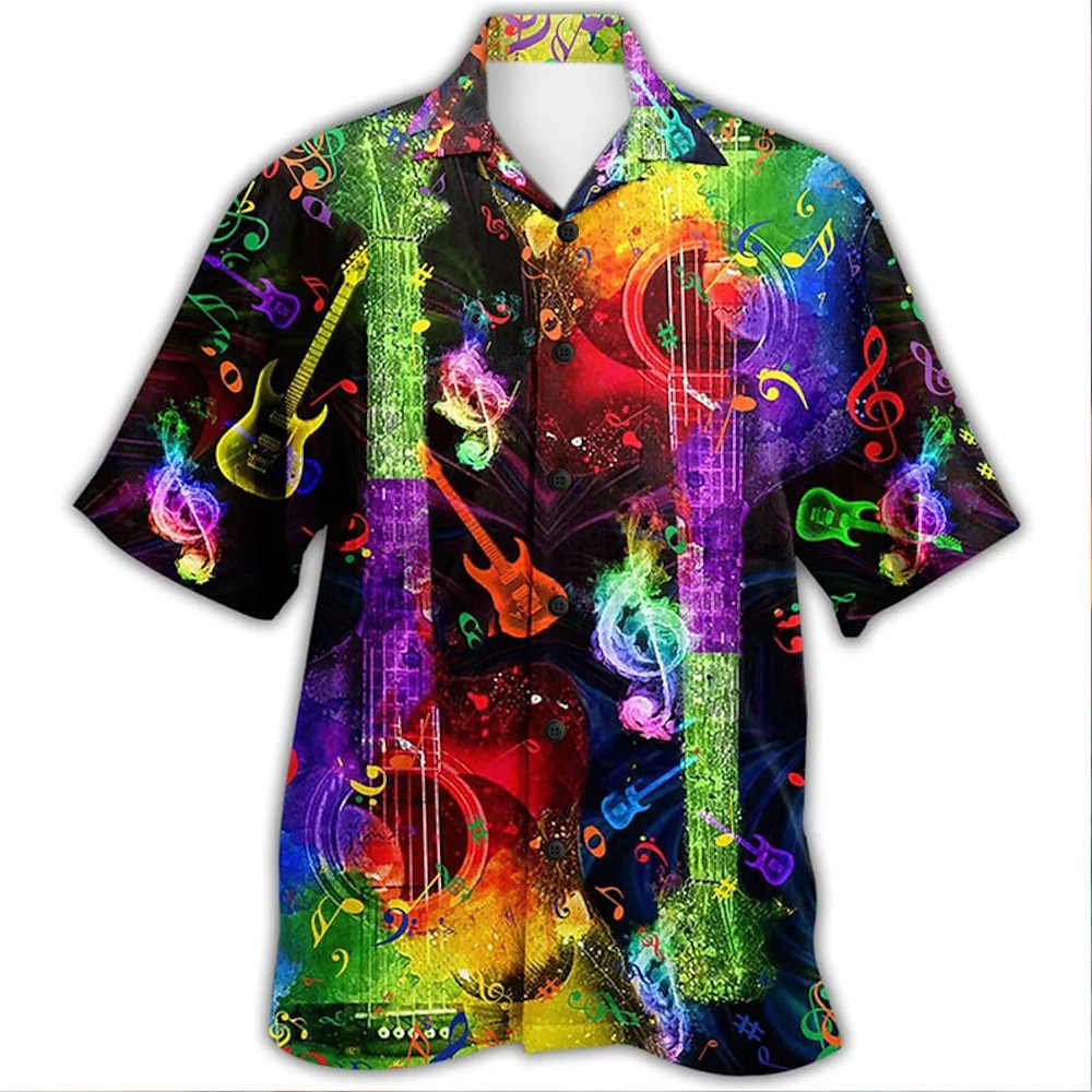 Herren Musik Gitarre Hemd Hawaiihemd Sommerhemd Knopfhemd Kurze Ärmel Tropisch Modisch Strassenmode Strasse Casual Täglich Sommer Frühling Umlegekragen Bedruckt Button-Down Gelb Armeegrün Rote Blau Lightinthebox