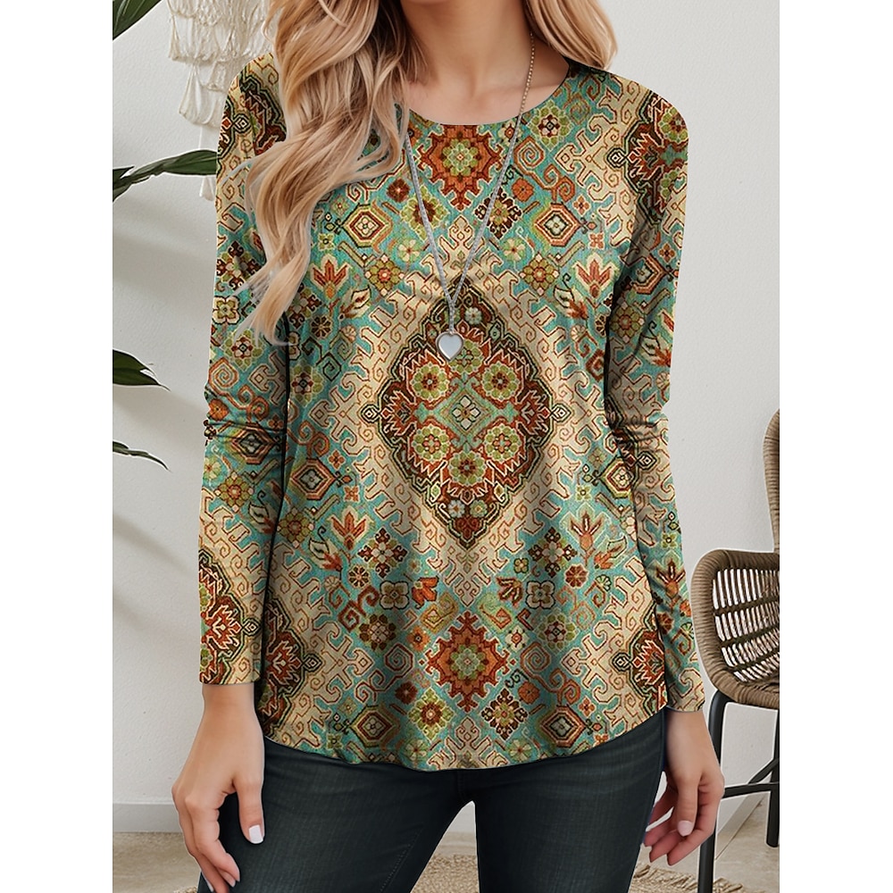 Damen T Shirt Brautkleider schlicht Blumen Graphic Geometrisch Normale Oberteile Langarm Rundhalsausschnitt Bedruckt Regular Fit Täglich Grün Frühling Herbst Lightinthebox