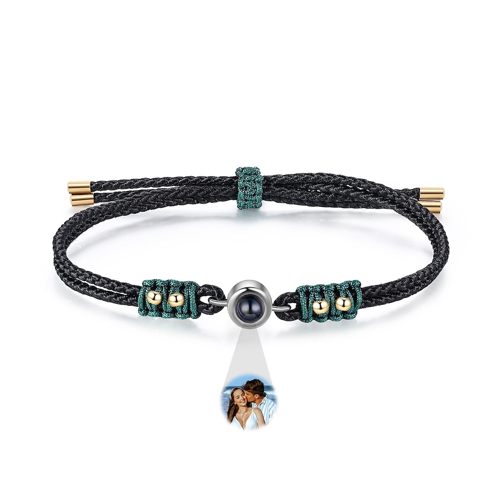 personalisiertes Fotoprojektionsarmband, individuelles Schmuckgeschenk für Frauen - elegantes gewebtes Armband in den Farben Schwarz und Grün, Stein mit eingebettetem Foto, perfektes Valentinstagsgeschenk für die Ehefrau oder Freundin Lightinthebox