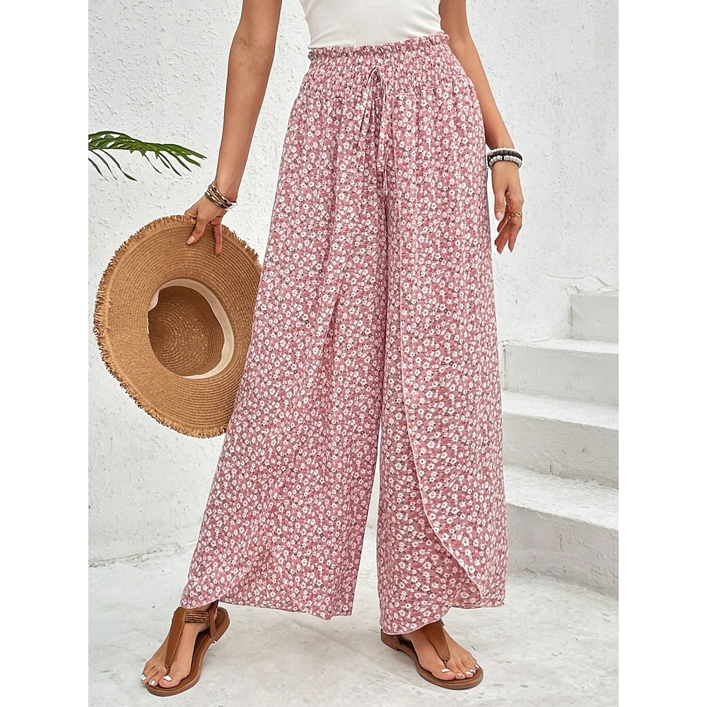 Damen Breites Bein Chinesisch Chino Aktiv Urlaub Hawaiianisch In voller Länge Hoher Taillenbund Blumen Elastischer Bund Print Bequem Weich Komfortabel Mikro-elastisch Outdoor Strasse Rosa Grau Sommer Lightinthebox