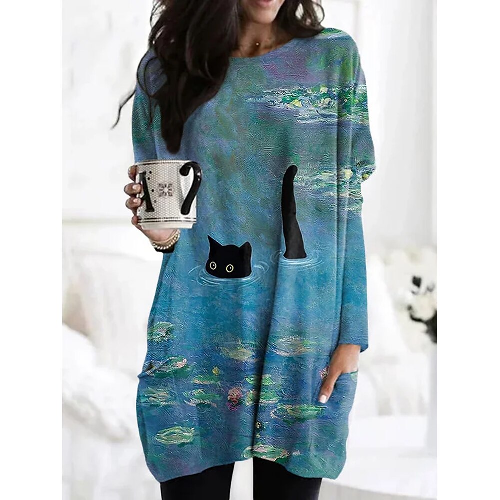 Damen T Shirt Modisch Katze Ölgemälde Blumen Lange Oberteile Langarm Rundhalsausschnitt Tasche Bedruckt Regular Fit Täglich Wochenende Blau Frühling Herbst Lightinthebox