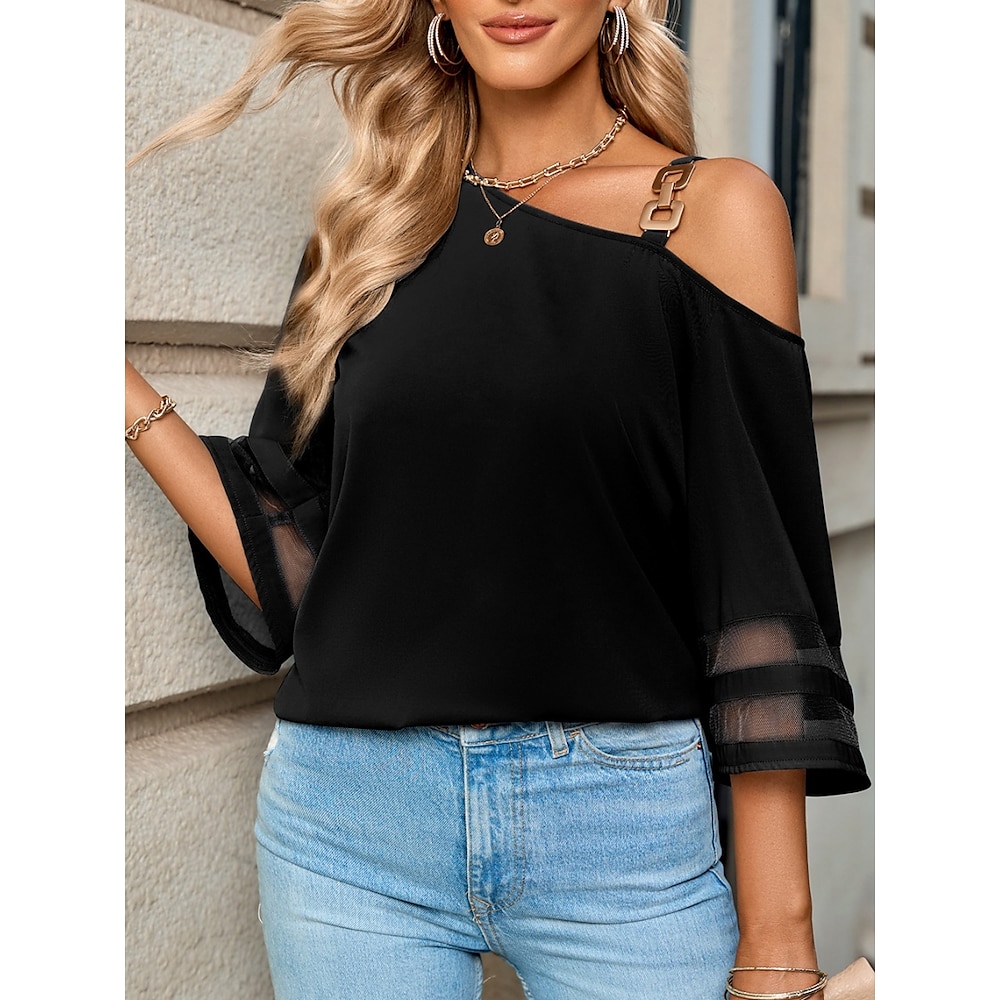 Damen Hemd Bluse Stilvoll Brautkleider schlicht Glatt Normale Oberteile 3/4 Ärmel kalte Schulter Patchwork Regular Fit Täglich Schwarz Blau Sommer Frühling Lightinthebox