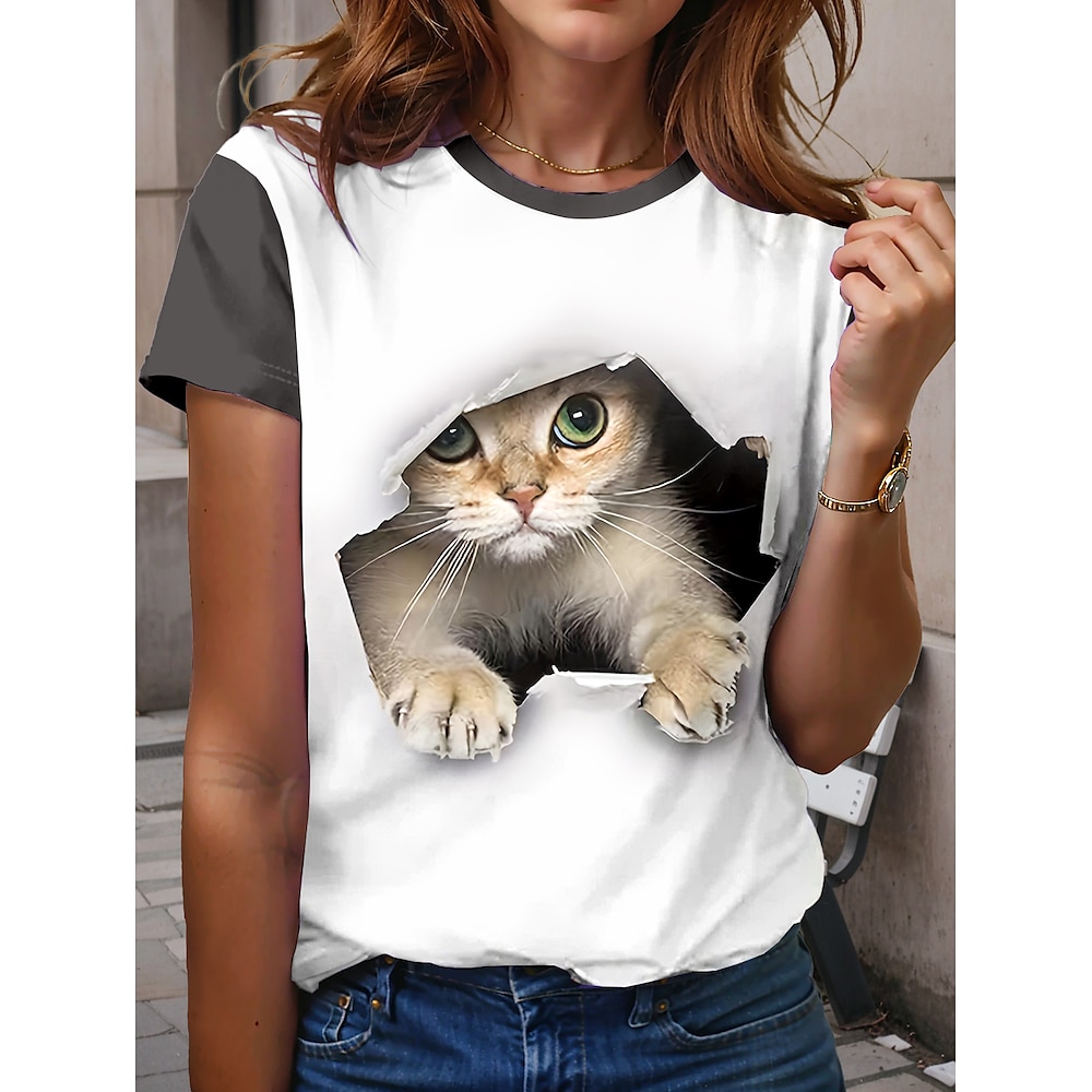 Damen T Shirt Brautkleider schlicht Tier Katze Normale Oberteile Kurzarm Rundhalsausschnitt Bedruckt Regular Fit Täglich Grau-weiß Sommer Frühling Lightinthebox