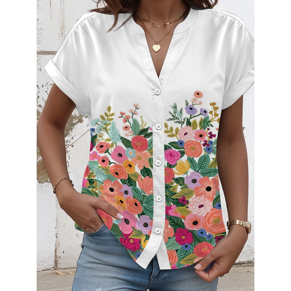 Damen Hemd Bluse Modern Brautkleider schlicht Blumen Graphic Normale Oberteile Kurzarm V Ausschnitt Gekerbter Hals Knopf Bedruckt Regular Fit Arbeit Täglich Weiß Sommer Frühling Lightinthebox