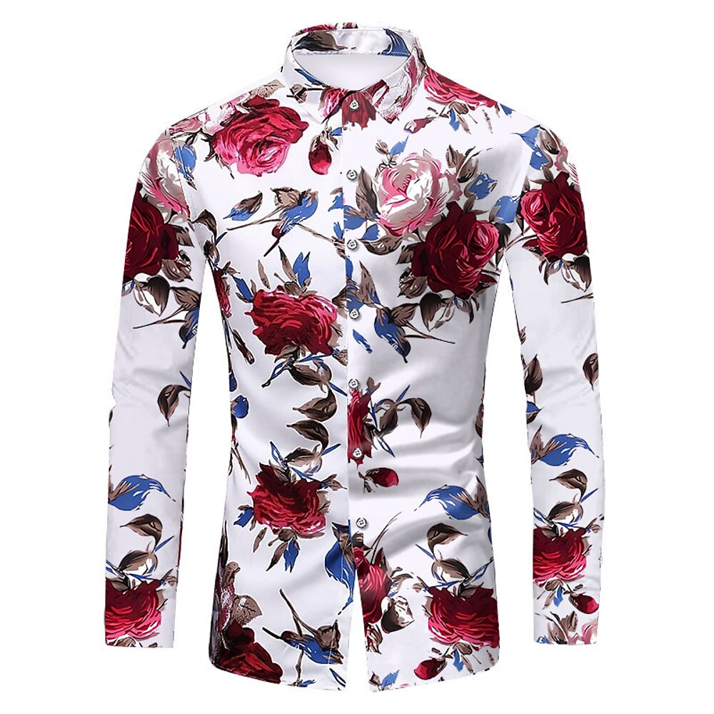Herren Blumen Hemd Knopfhemd Langarm Vintage Designer Basic Valentinstag Täglich Ausgehen Frühling Herbst Kragen Bedruckt Schwarz Rote Blau Lightinthebox