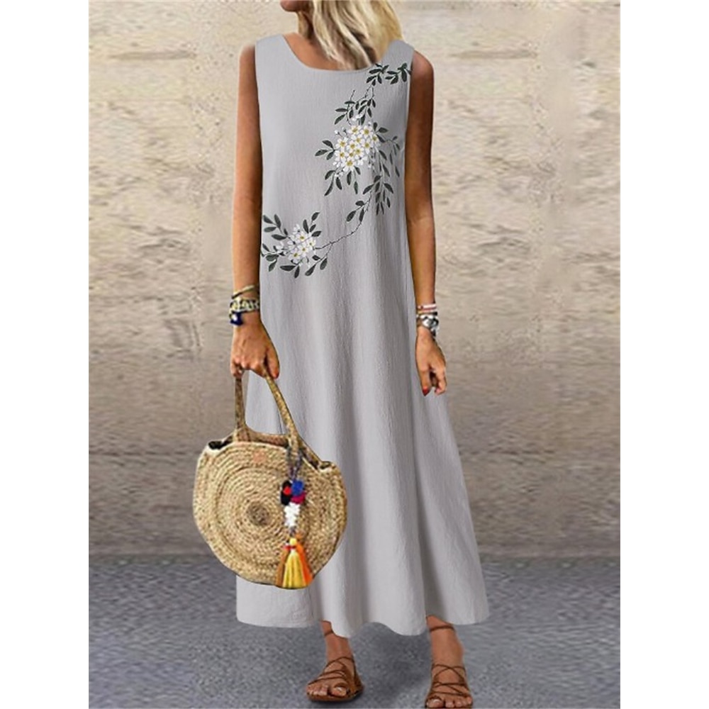 Damen Casual kleid Baumwoll-Leinenkleid Elegant Vintage Stilvoll Blumen Midikleid Ärmellos Rundhalsausschnitt Bedruckt Lockere Passform Urlaub Täglich Verabredung Marineblau Grau Sommer Frühling Lightinthebox