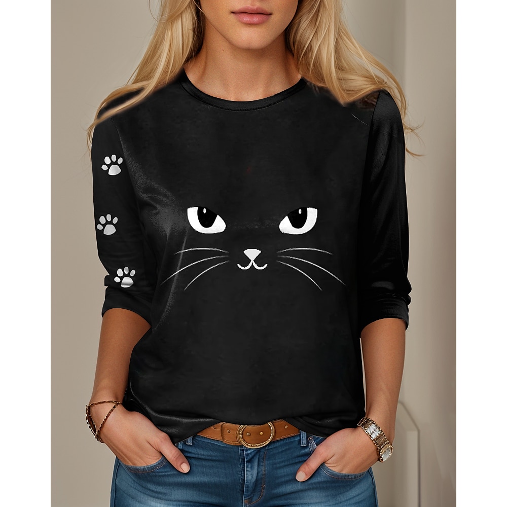 Damen T Shirt Brautkleider schlicht Katze Normale Oberteile Langarm Rundhalsausschnitt Bedruckt Regular Fit Täglich Schwarz Frühling Herbst Lightinthebox